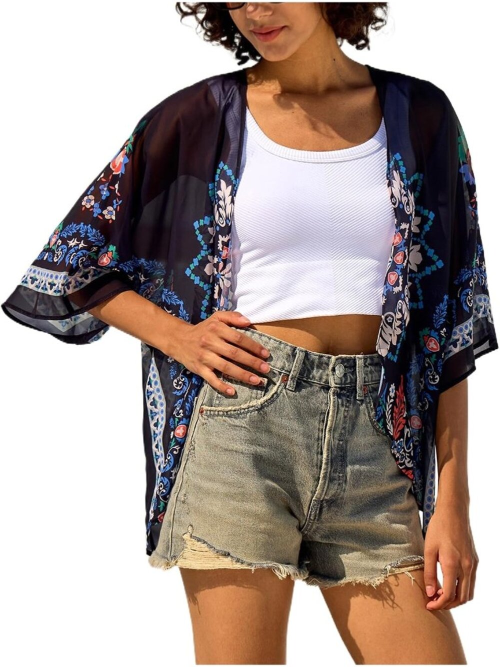 Women's Black Blue Chiffon Kimono Cardigan Open Front Blouse Swimwear Cover Up